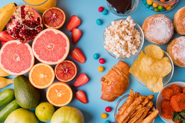 Flat lay fruits and snacks