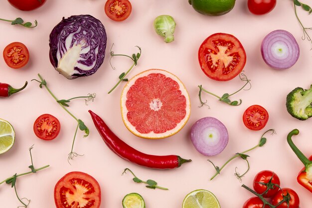 Flat lay fruits and vegetables arrangement