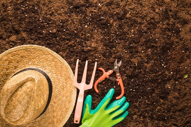 Flat lay of garden tools with copyspace