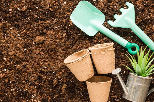 Flat lay of garden tools with copyspace