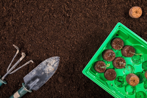 Flat lay gardening composition with copyspace