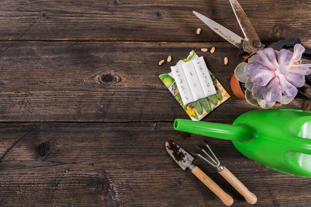 Flat lay gardening composition with copyspace