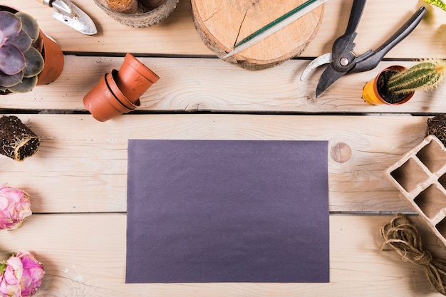 Flat lay gardening composition with slate template