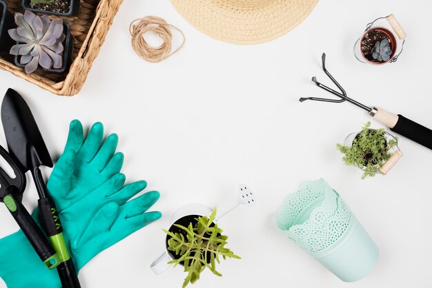 Flat lay of gardening tools and copy space