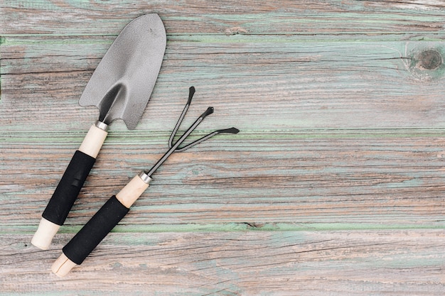 Flat lay gardening tools on the table