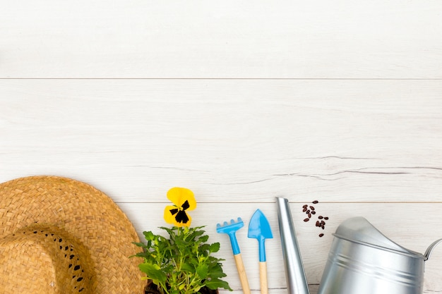 Flat lay gardening tools on wooden background with copy space