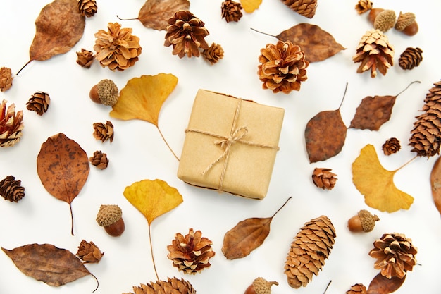 Flat lay of a gift in the middle of a wreath made of autumn leaves and conifer cones