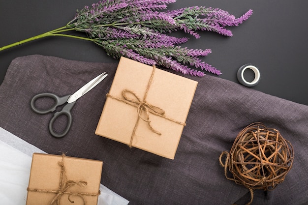 Flat lay gift wrapping composition