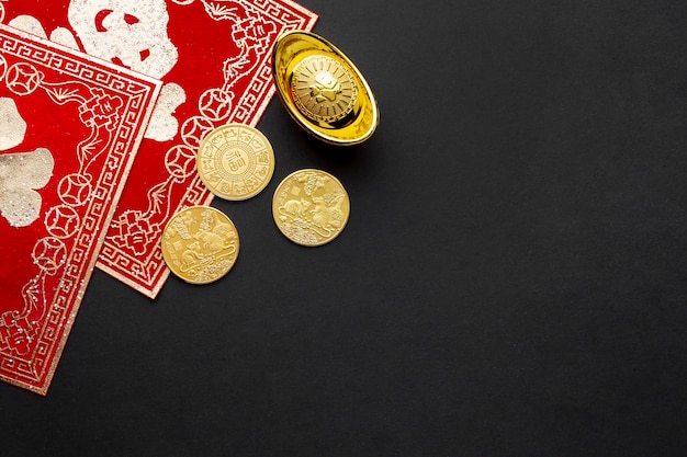 Flat lay golden coins chinese new year