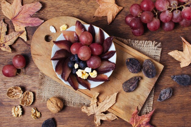 Flat lay goodies on plate next to leaves 