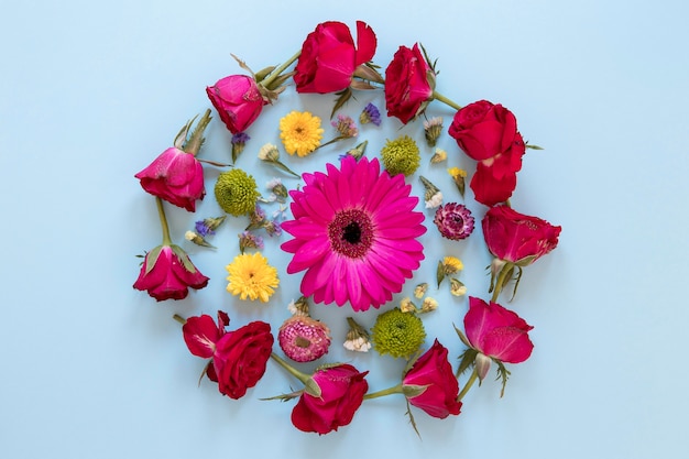 Flat lay of gorgeous flowers arrangement