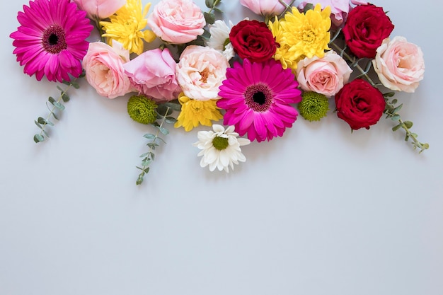 Flat lay of gorgeous flowers composition