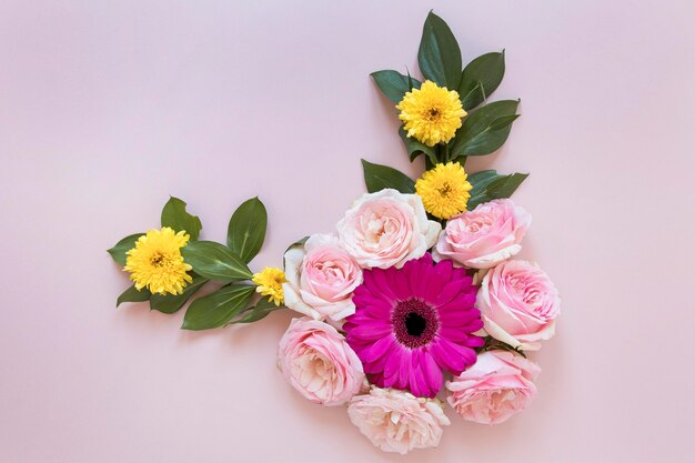 Flat lay of gorgeous flowers composition