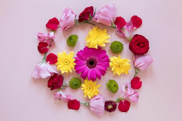 Flat lay of gorgeous flowers composition
