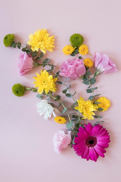 Flat lay of gorgeous flowers composition