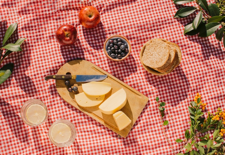 Free Photo flat lay gourmet meal on red cloth