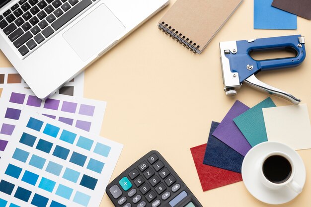 Flat lay graphic designer desk composition