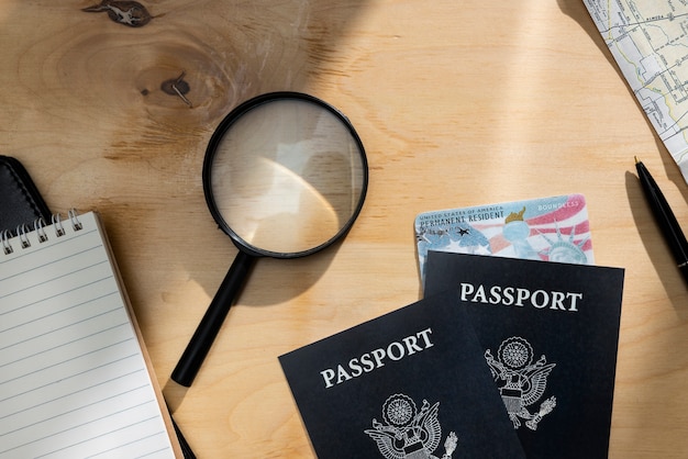 Flat lay green cards and passports