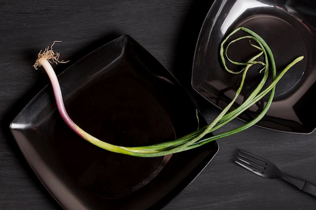 Free photo flat lay green garlic on black plate