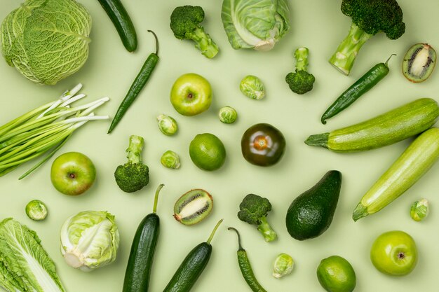 Flat lay green vegetables and fruits