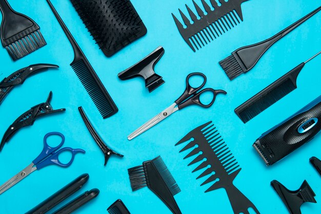 Flat lay hairstyle tools arrangement