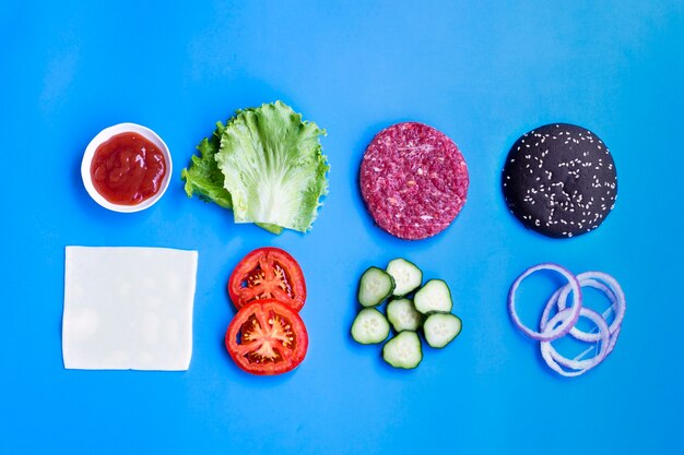 Flat lay of hamburger ingredients