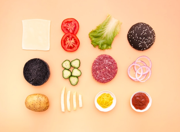 Free photo flat lay of hamburger ingredients