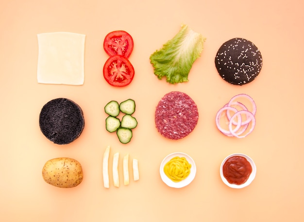 Flat lay of hamburger ingredients