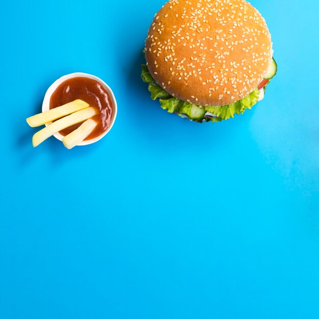 Flat lay of hamburger with copy space