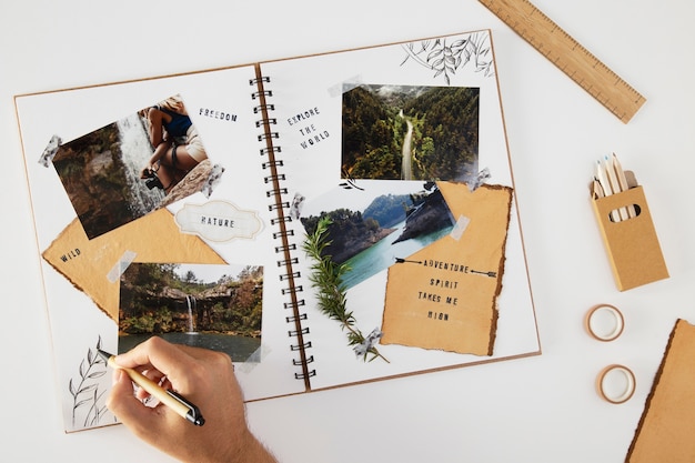 Free photo flat lay hand drawing on scrapbook