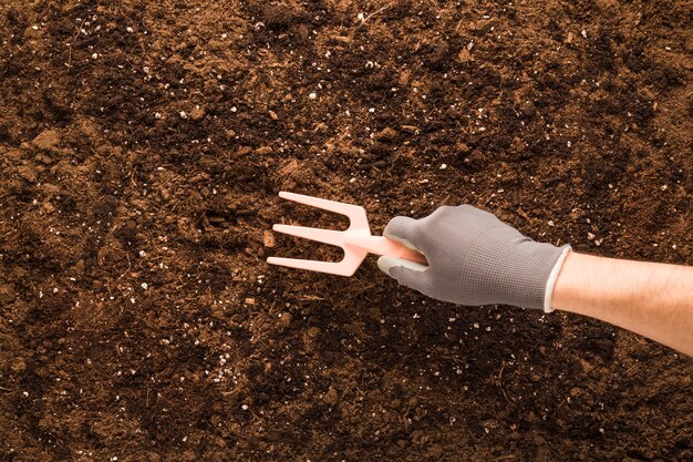 Flat lay of hand using rake on soil