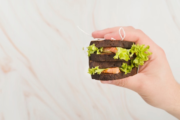 Free photo flat lay hand with sandwich