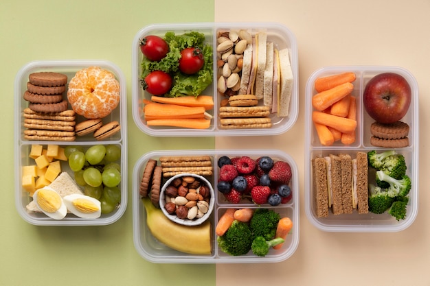 Flat lay healthy food lunch boxes arrangement