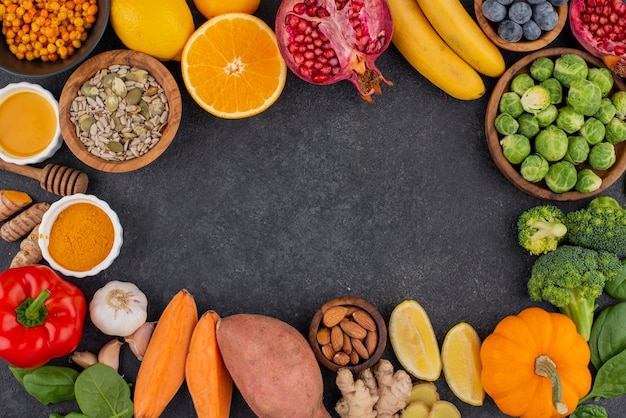 Flat lay of healthy immunity boosting foods