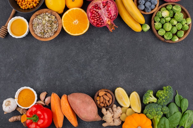 Flat lay of healthy immunity boosting foods