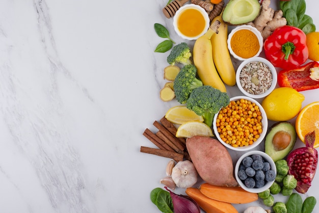 Flat lay of healthy immunity boosting foods