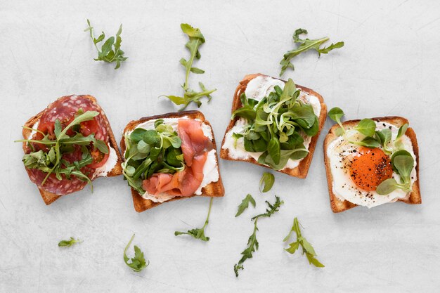 Flat lay healthy sandwiches assortment