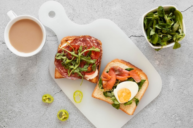 Free photo flat lay healthy sandwiches meal