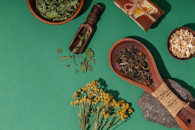 Flat lay herbal therapy products