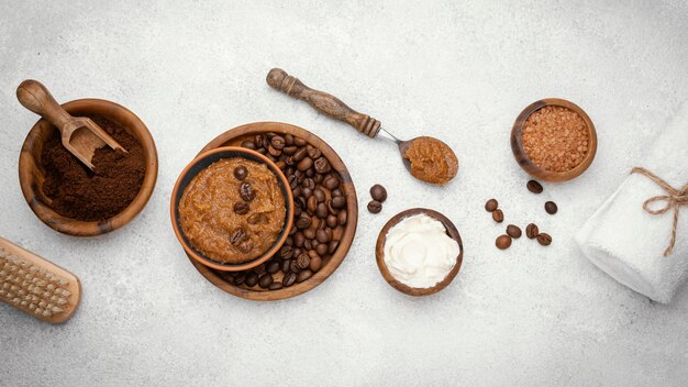 Flat lay homemade remedy with coffee beans