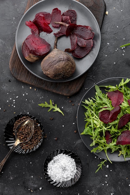 Flat lay homemade salad on dark background