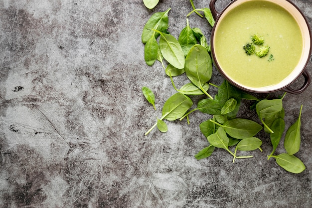 Flat lay homemade soup of broccoli