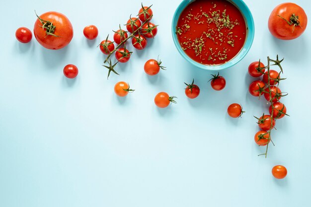 Flat lay homemade soup of tomatoes