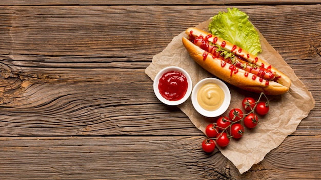 Flat lay hot dog with spices