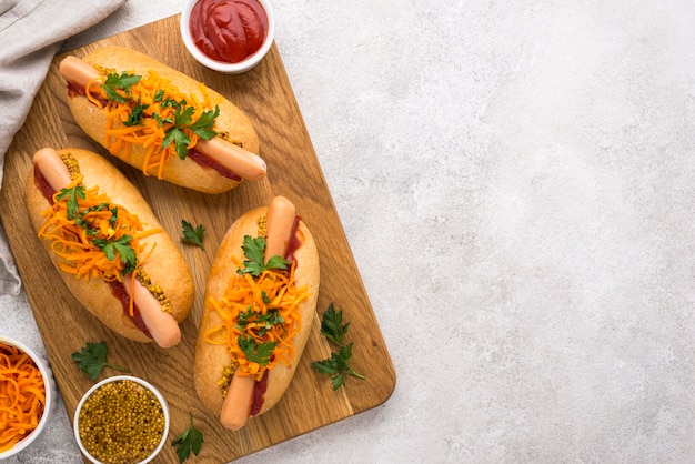 Flat lay hot dogs with copy-space