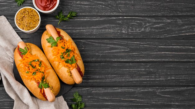 Flat lay hot dogs with copy-space