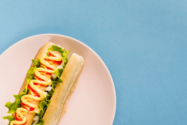 Free photo flat lay hotdog with sauces on plate