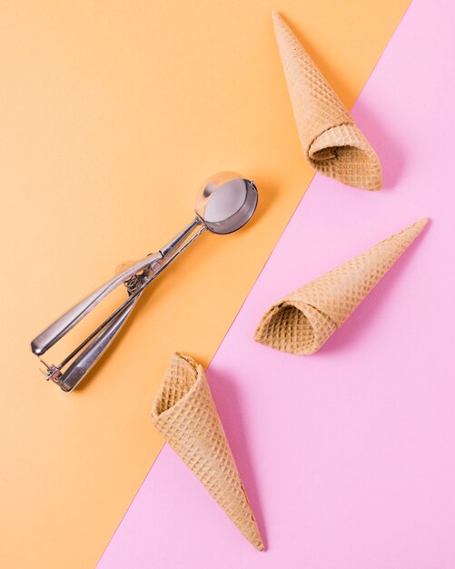 Flat lay ice cream cones collection