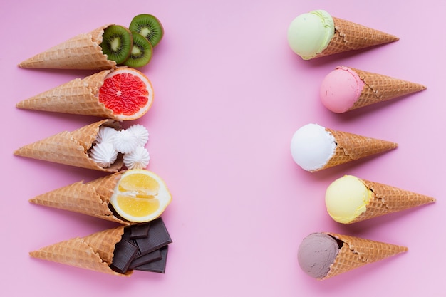 Flat lay of ice cream flavors with copy space