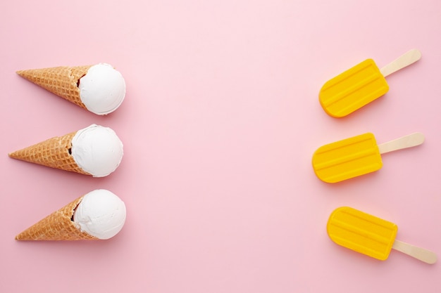 Flat lay ice cream and ice cream on stick